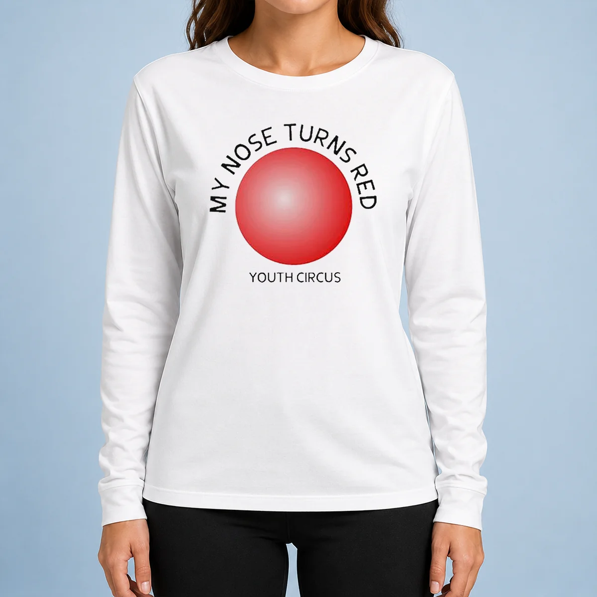 Pretty My Nose Turns Red Youth Circus Funny long sleeve shirt in vibrant colors, youth size, front view