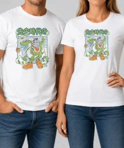 Pretty Prehistoric Guardian t shirt showing front view of a short sleeve cotton tee with dinosaur graphic