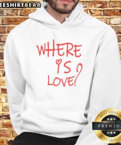 Pretty Where Is Love Red Text Hoodie displayed on a neutral background, showcasing vibrant red text design.