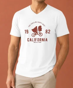 Pretty You Could Be Happy Here 1982 California Universal Studios ET V Neck Shirt in soft cotton fabric with classic fit