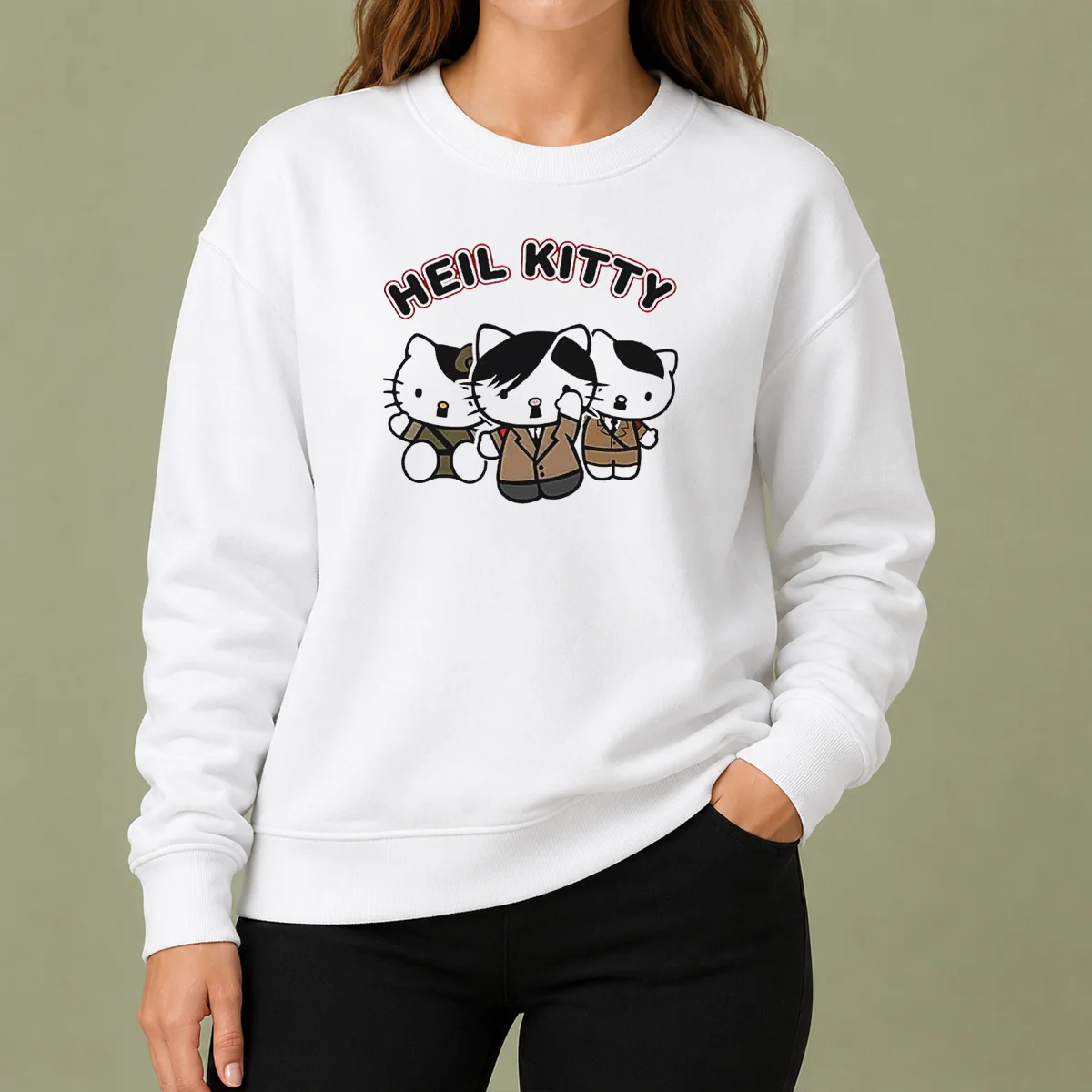Top Heil Kitty Parody Satire Cartoon Funny Sweater featuring bold graphic print on a cozy crewneck sweatshirt