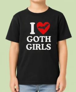 Top I Love Goth Girls kids t shirt in black with white gothic font design, displayed on a child-sized mannequin