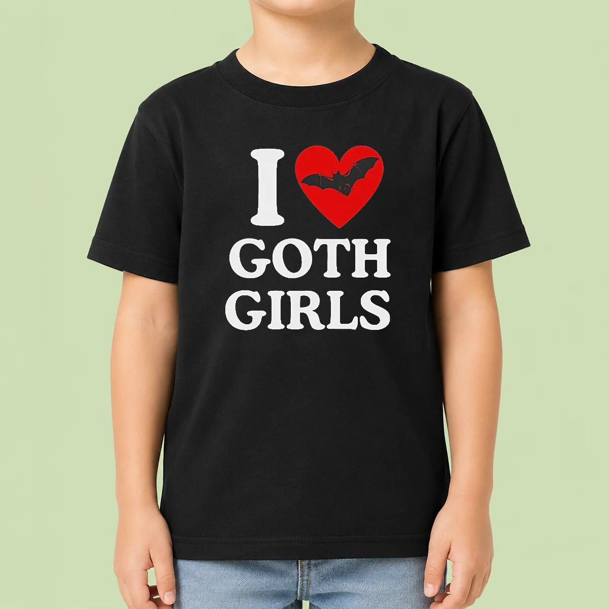 Top I Love Goth Girls kids t shirt in black with white gothic font design, displayed on a child-sized mannequin
