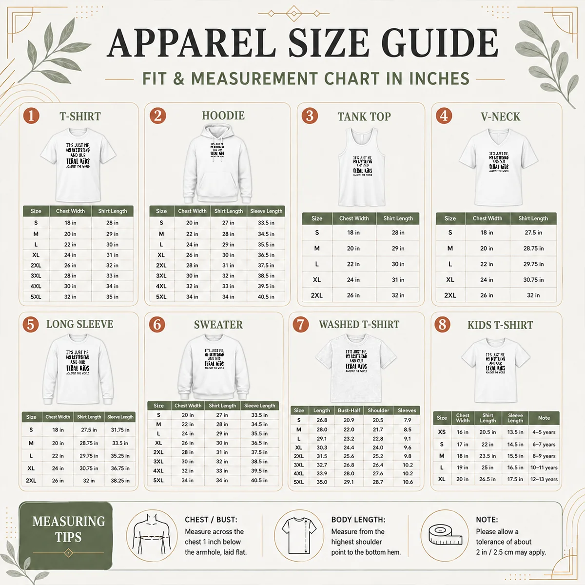 Top Its Just Me My Best Friends And Our Feral Kids Against The Worldweater Size Chart Size chart for Top Its Just Me My Best Friends And Our Feral Kids Against The Worldweater showing measurements in inches and cm