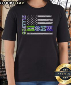 Top Seattle Sport Teams Seahawks Mariners Kraken Washington Huskies USA Independence Day Flag Ladies Shirt