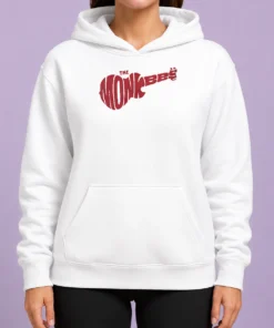 Top The Monkees Guitar Logo Hoodie in black with front graphic print, comfortable pullover style with drawstring hood