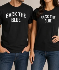 Awesome Back The Blue Police Officer Support t shirt in navy blue with bold white and blue text design