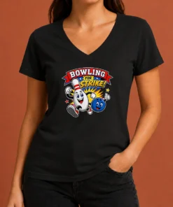 Awesome Bowling For Strike Cheerful Mascot V Neck Shirt displaying vibrant mascot design on a comfortable v neck garment