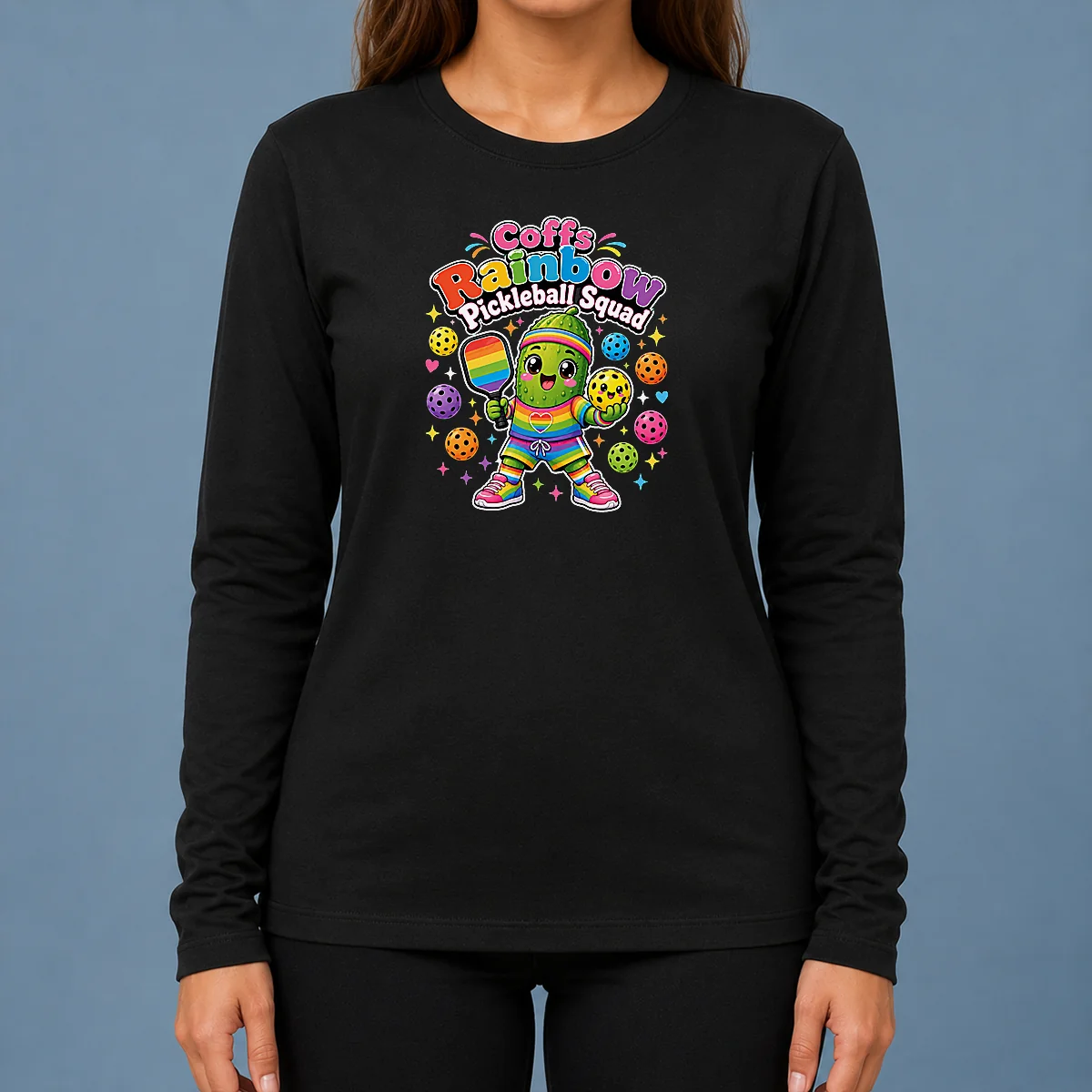 Awesome Coffs Rainbow Pickleball Squad Kawaii Long Sleeve Shirt featuring colorful graphic on soft fabric