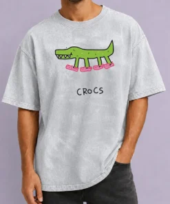 Awesome Funny Crocs Crocodile Wearing Pink Shoes Drawing Washed T-Shirt