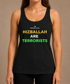 Awesome Hizballah Are Terrorists Terrorism Act 2000 Tank Top in black, sleeveless casual wear with bold text design