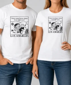 Awesome Los Angeles Cartoon Kid Floating Headphones I Don'T Even Know Where I Am t shirt featuring colorful graphic on a classic crew neck tee