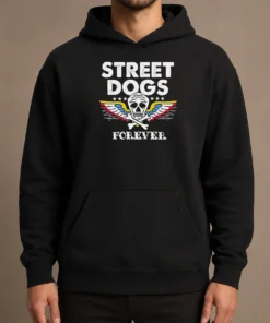 Awesome Street Dogs Forever Skull And Crossbones Hoodie shown in black with front pocket and hood