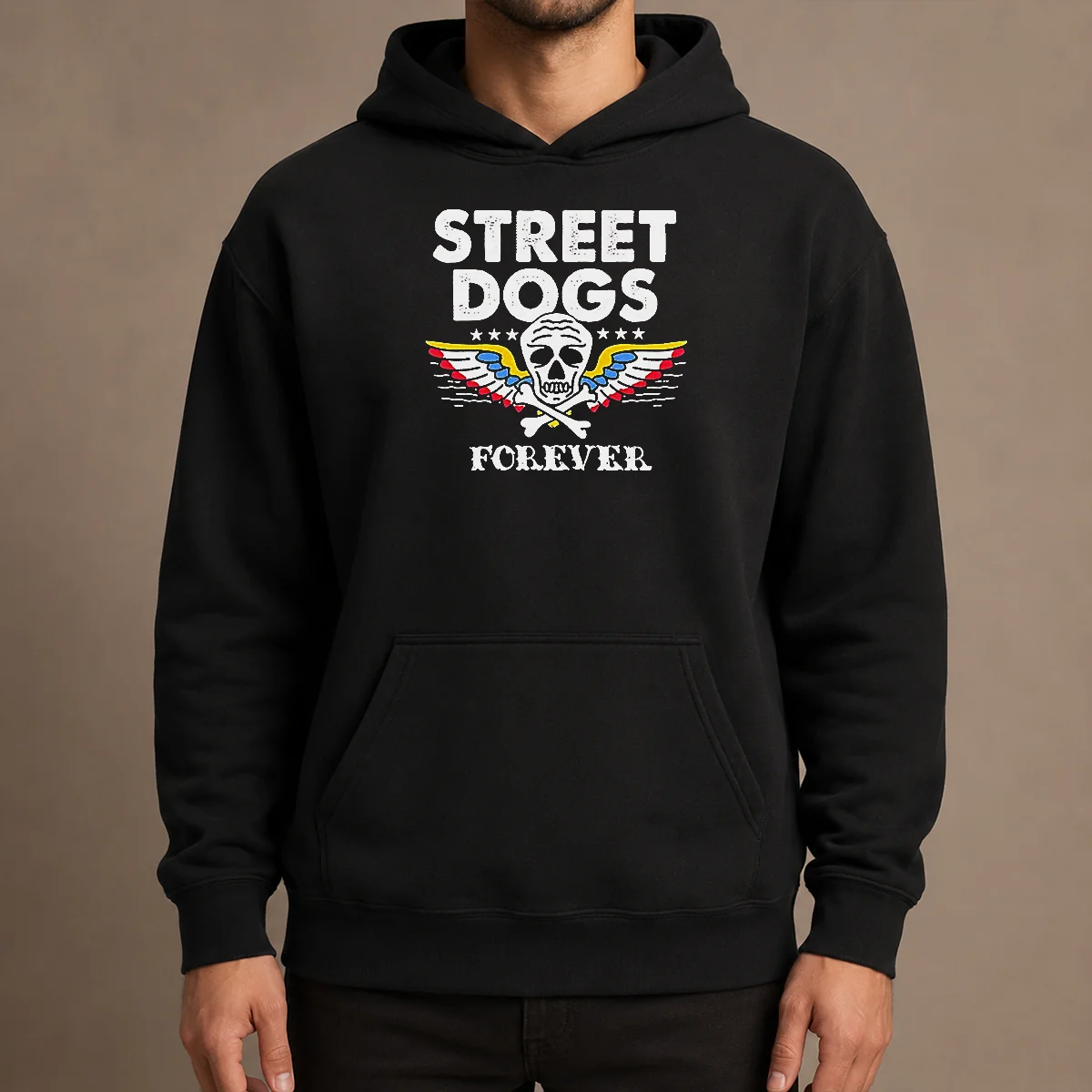 Awesome Street Dogs Forever Skull And Crossbones Hoodie shown in black with front pocket and hood
