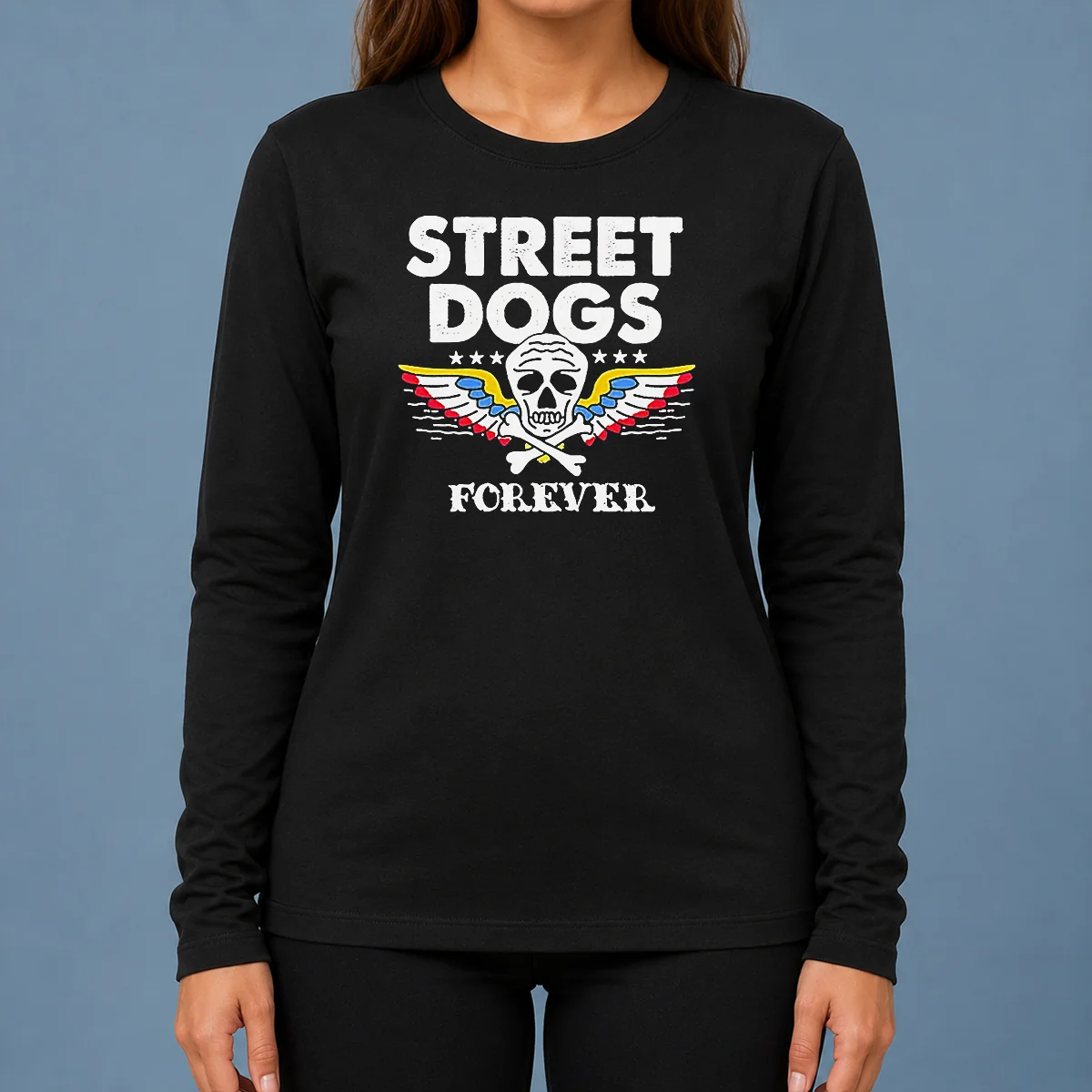 Awesome Street Dogs Forever Skull And Crossbones long sleeve shirt featuring bold graphic design on a comfortable fit