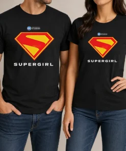 Awesome Supergirl DC Studios Logo t shirt in black, featuring a bold graphic print on the front