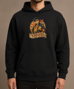 Awesome Takas World Vintage Anime Characters Passion Hoodie in black with vibrant anime character print and front pocket