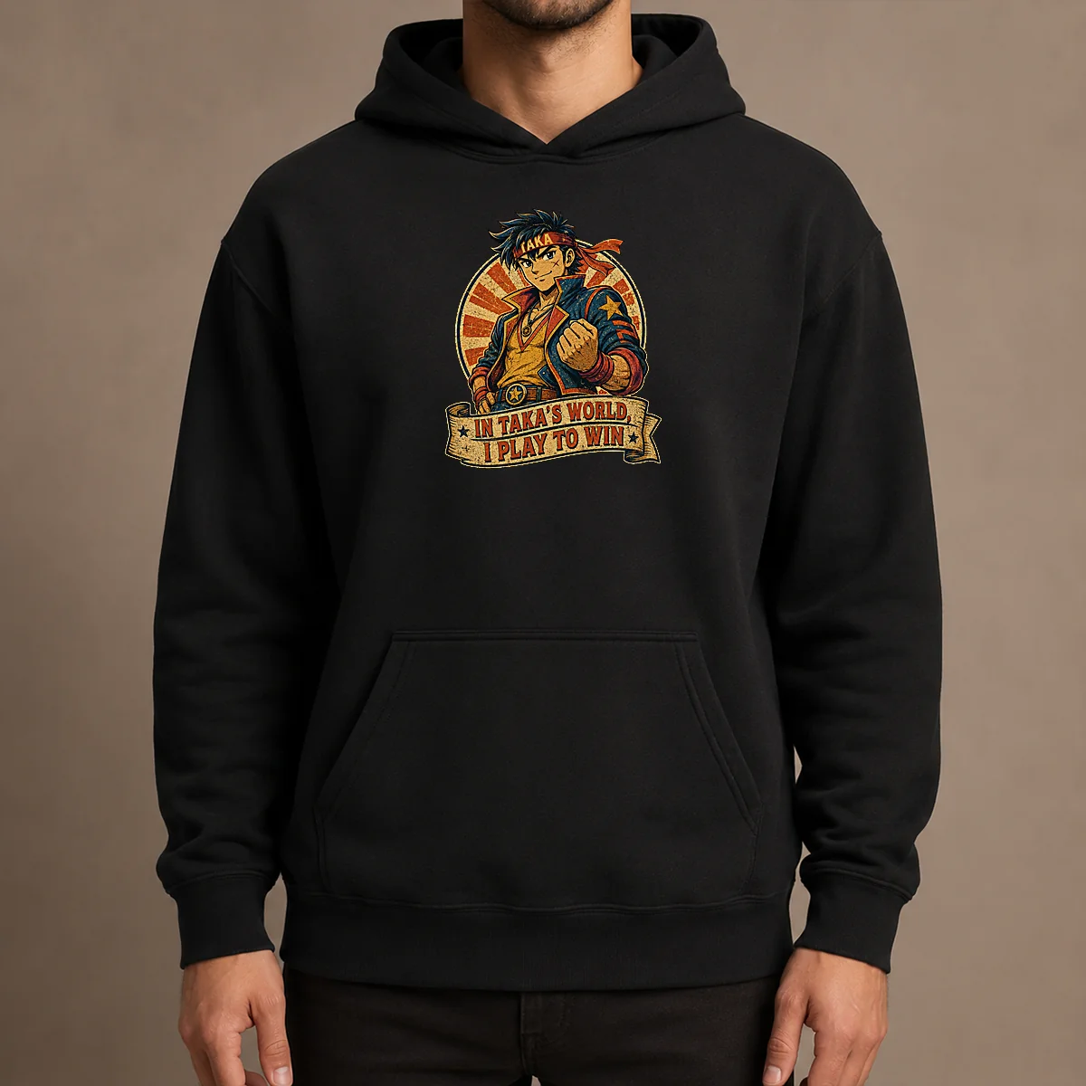 Awesome Takas World Vintage Anime Characters Passion Hoodie in black with vibrant anime character print and front pocket