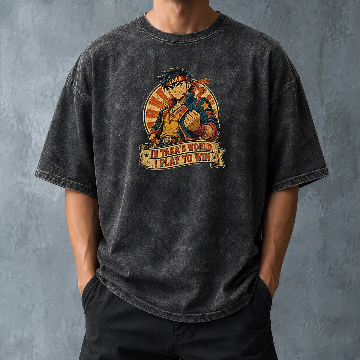 Awesome Takas World Vintage Anime Characters Passion Washed T Shirt in faded color with retro anime design on front