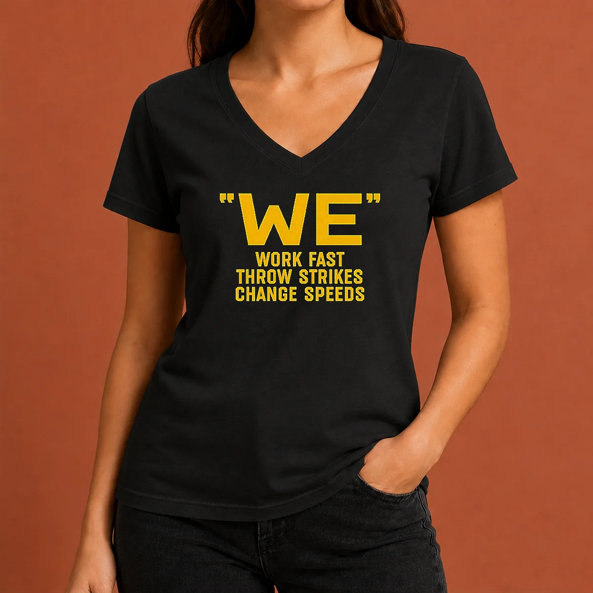 Awesome We Work Fast Throw Strikes V-Neck Shirt Awesome We Work Fast Throw Strikes V-Neck Shirt