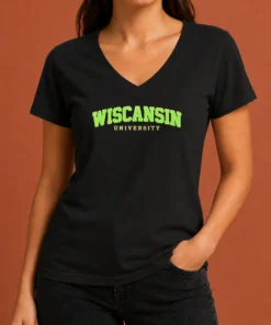 Awesome Wiscansin University College Funny Parody V Neck Shirt in dark color showing front design and short sleeves