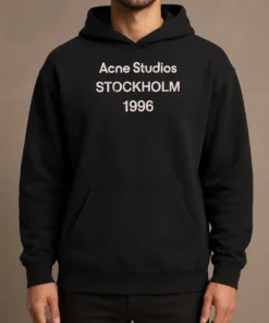 Funny Acne Studios Stockholm 1996 Hoodie in charcoal gray with front pocket and adjustable drawstring hood