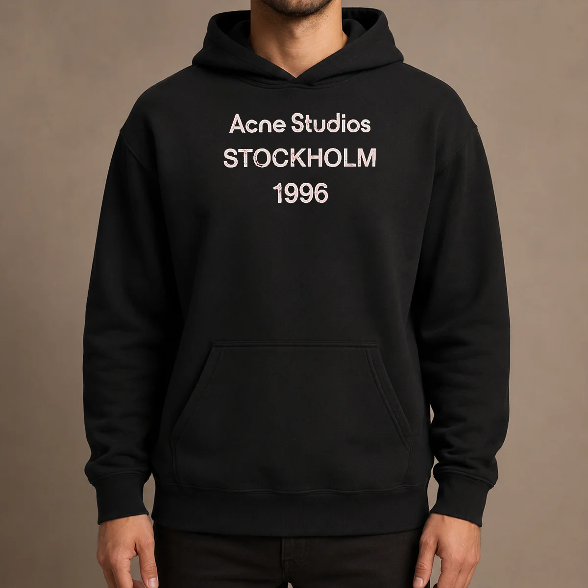 Funny Acne Studios Stockholm 1996 Hoodie in charcoal gray with front pocket and adjustable drawstring hood