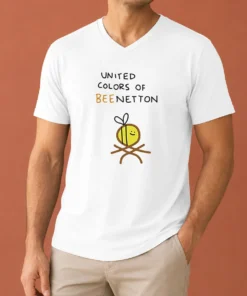 Funny Awesome United Colors Of Bee Netton Bee Logo V Neck Shirt in black with colorful bee logo on front
