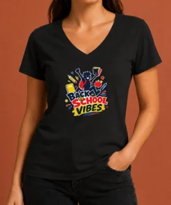 Funny Back To School Vibes Excited Student Silhouette V Neck Shirt displaying a casual fit on a soft fabric