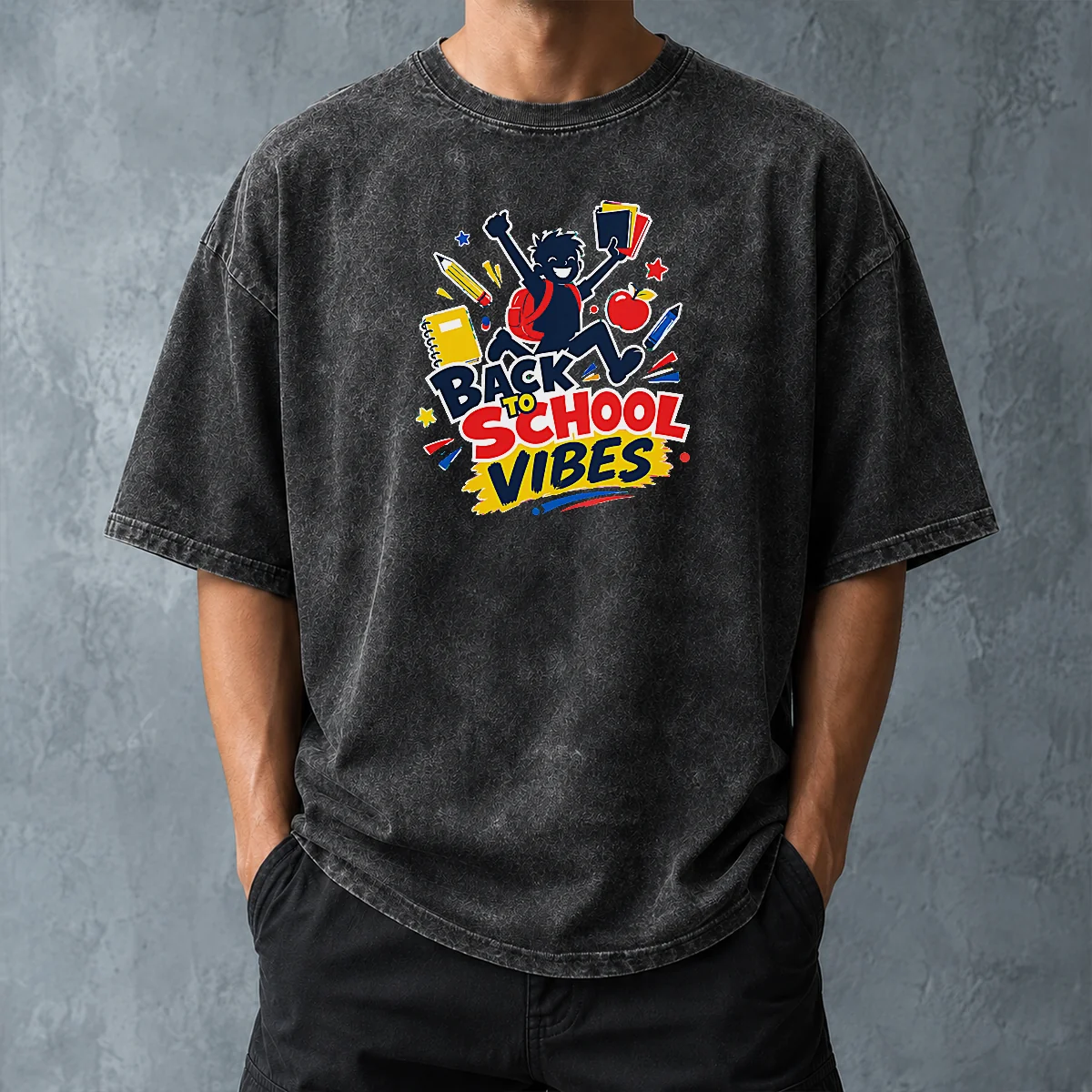 Funny Back To School Vibes Excited Student Silhouette Washed T-Shirt