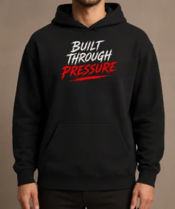Funny Built Through Pressure Hoodie in charcoal gray, featuring bold white text on front, displayed on a mannequin