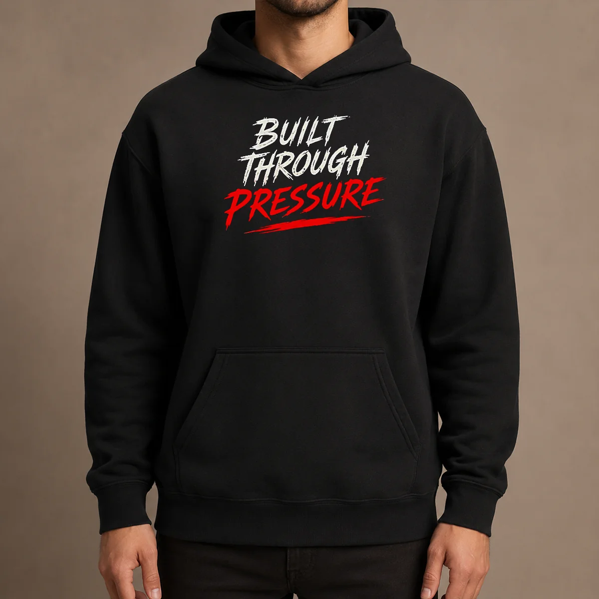 Funny Built Through Pressure Hoodie in charcoal gray, featuring bold white text on front, displayed on a mannequin