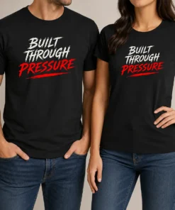 Funny Built Through Pressure t shirt in classic fit with bold white text on black fabric