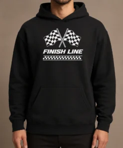 Funny Crossed Checkered Racing Flags Crossing Above Bold Finish Line Banner Hoodie in black cotton fabric with front pocket and drawstring hood