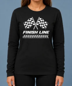 Funny Crossed Checkered Racing Flags Crossing Above Bold Finish Line Banner Long Sleeve Shirt