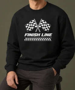Funny Crossed Checkered Racing Flags Crossing Above Bold Finish Line Banner Sweater