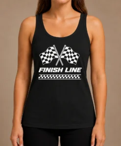 Funny Crossed Checkered Racing Flags Crossing Above Bold Finish Line Banner Tank Top