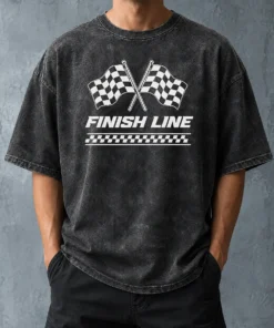 Funny Crossed Checkered Racing Flags Crossing Above Bold Finish Line Banner Washed T-Shirt