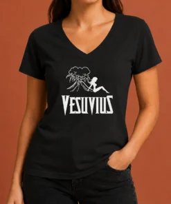 Funny Hot Vesuvius Volcano Pin Up Girl Retro Italy V Neck Shirt in red color with short sleeves