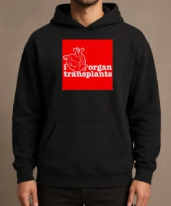 Funny I Heart Organ Transplants Transplant Awareness Hoodie in black with front graphic design, displayed on a mannequin