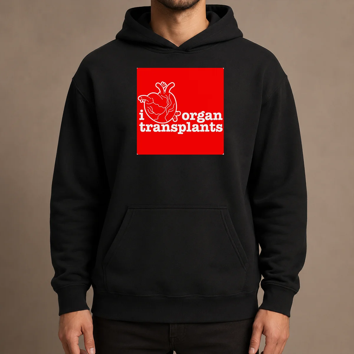 Funny I Heart Organ Transplants Transplant Awareness Hoodie in black with front graphic design, displayed on a mannequin