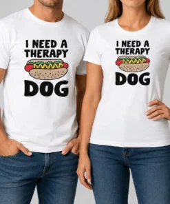 Funny I Need A Therapy Dog Illustration t shirt in classic fit, white color, front view