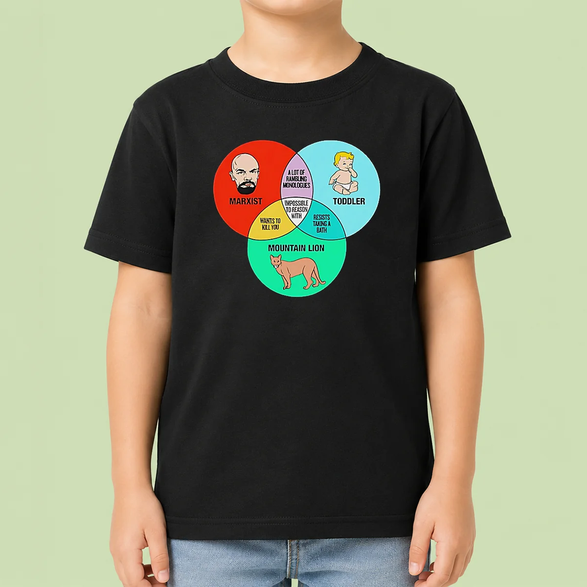 Funny Marxist Toddler And Mountain Lion Venn Diagram Impossible To Reason With Kids T-Shirt