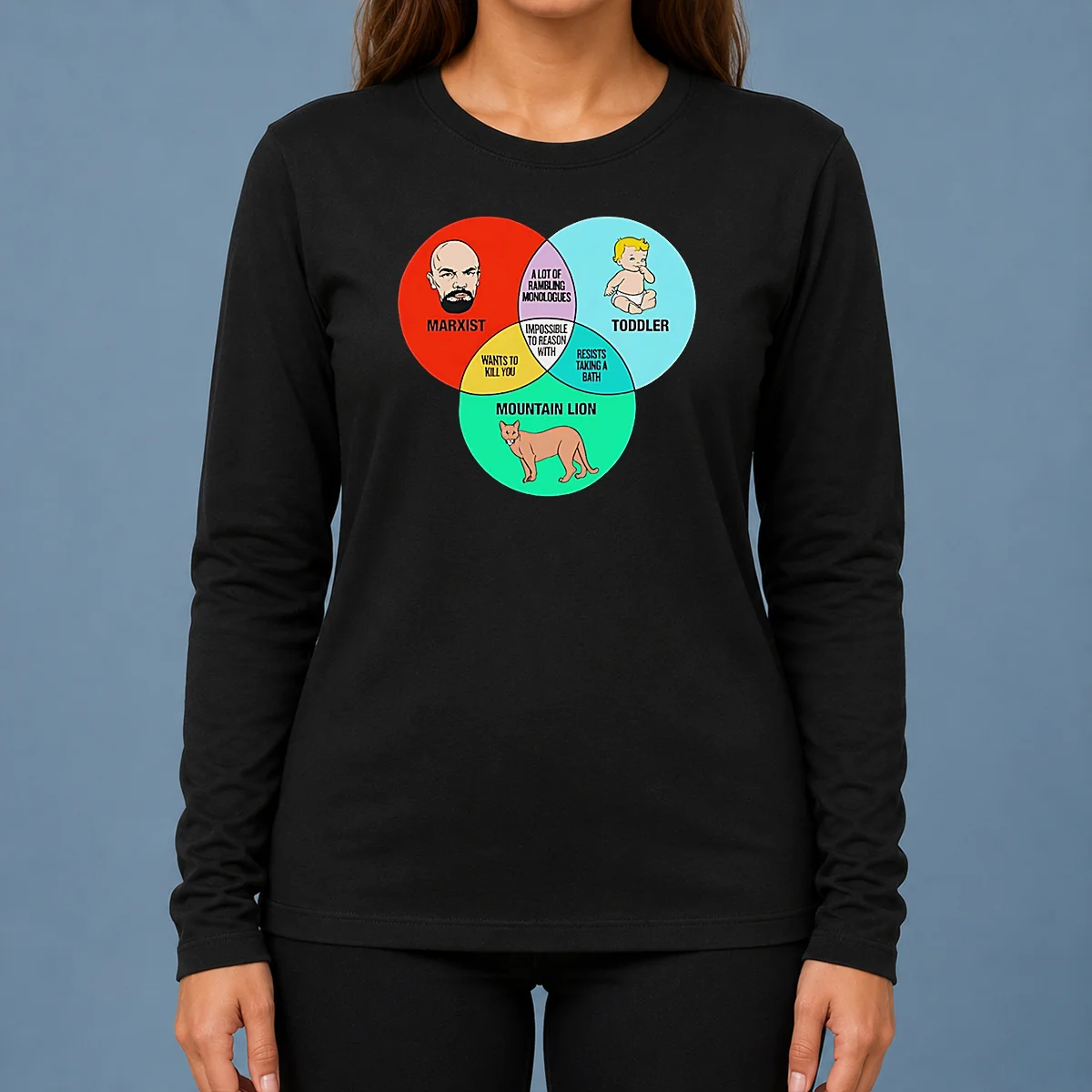 Funny Marxist Toddler And Mountain Lion Venn Diagram Impossible To Reason With long sleeve shirt with graphic print