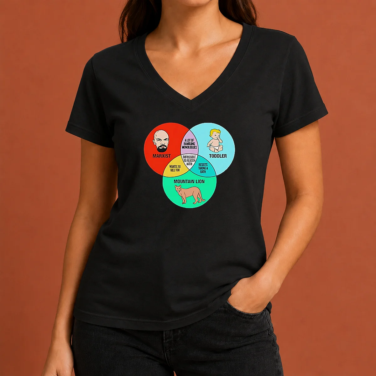 Funny Marxist Toddler And Mountain Lion V-Neck Shirt Funny Marxist Toddler And Mountain Lion V-Neck Shirt