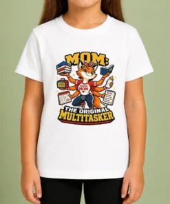 Funny Mom Multitasking Fox Mascot Graphic Tee Kids T-Shirt