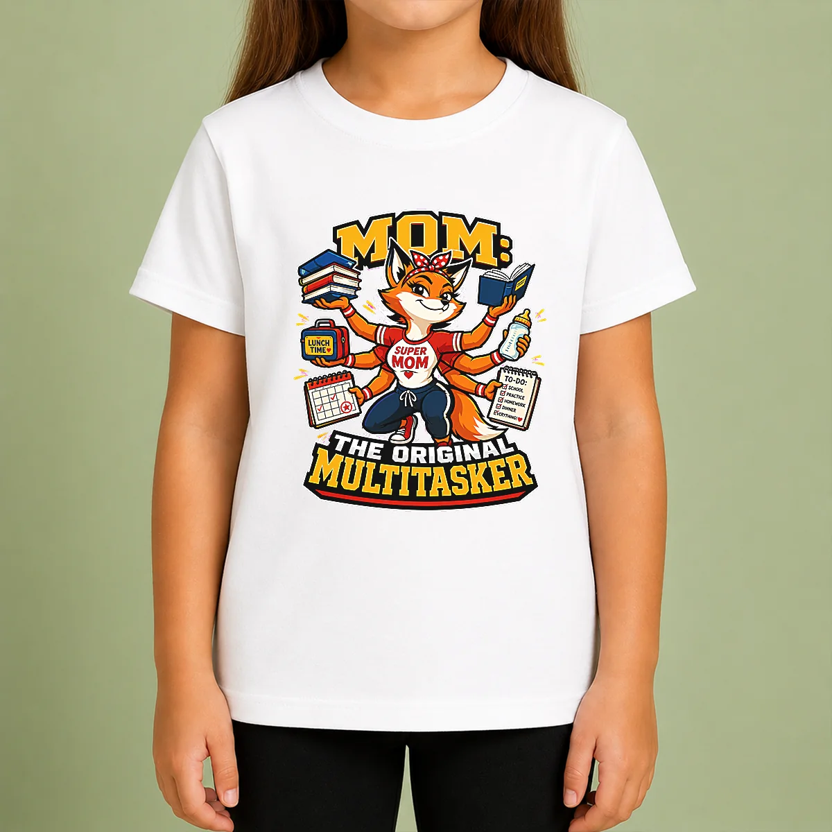 Funny Mom Multitasking Fox Mascot Graphic Tee Kids T-Shirt