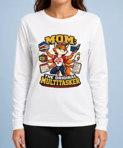Funny Mom Multitasking Fox Mascot Graphic Tee Long Sleeve Shirt