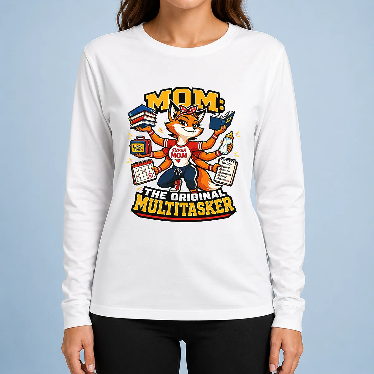 Funny Mom Multitasking Fox Mascot Graphic Tee Long Sleeve Shirt