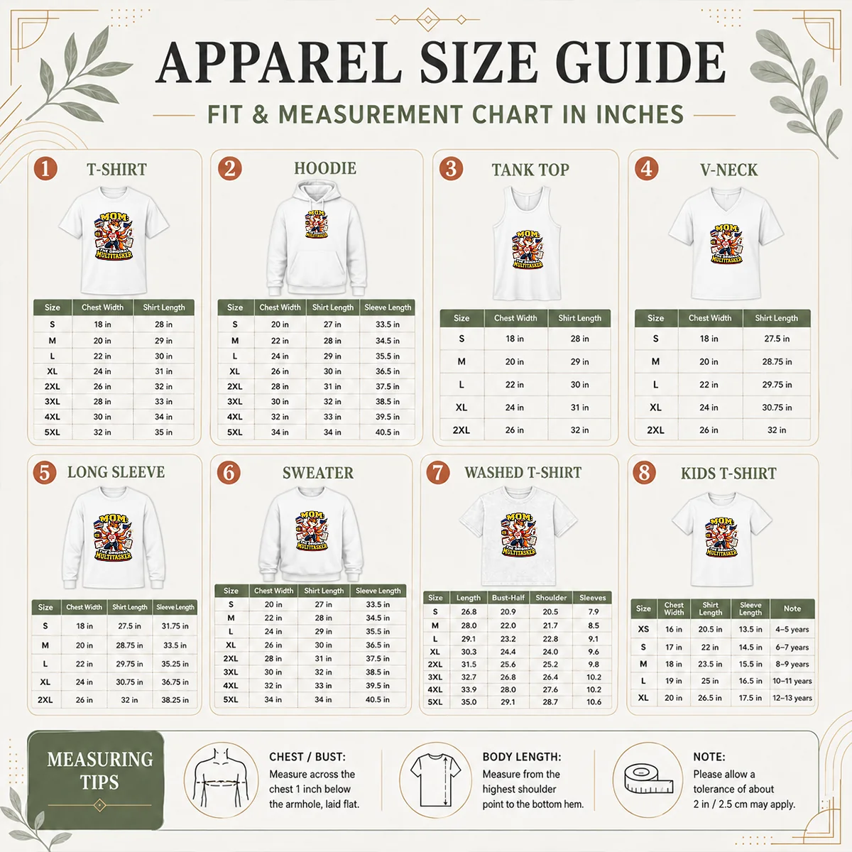 Funny Mom Multitasking Fox Mascot Graphic Tee Shirt Size Chart Size chart for Funny Mom Multitasking Fox Mascot Graphic Tee Shirt with measurements in inches and cm.
